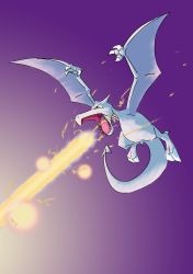Rule 34 | absurdres, aerodactyl, artist request, claws, commentary, creature, creatures (company), energy, energy beam, flying, full body, game freak, gen 1 pokemon, green eyes, highres, looking to the side, nintendo, no humans, oriyuu, pokemon, pokemon (creature), sharp teeth, signature, simple background, solo, tail, teeth, wings