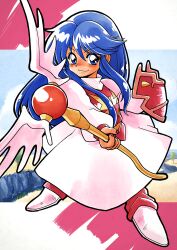 Rule 34 | 1990s (style), 1girl, blue eyes, blue hair, closed mouth, ebizome, freya jerbain, full body, holding, holding shield, holding staff, long hair, long sleeves, looking at viewer, puffy sleeves, red nails, retro artstyle, robe, shield, sidelocks, smile, solo, staff, swept bangs, white footwear, white robe, xak