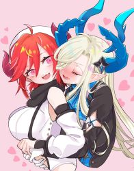 Rule 34 | 2girls, ahoge, bare shoulders, blonde hair, blue horns, blush, breasts, demon girl, closed eyes, gloves, guardian tales, heart, horns, hug, large breasts, looking at another, multiple girls, noble succubus bianca, official alternate costume, open mouth, pointy ears, red hair, red horns, succubus adventurer yuze, uniofthedead, white gloves