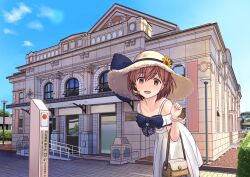Rule 34 | 1girl, :d, alternate costume, bag, bare shoulders, blue bow, blue sky, blush, bow, brown bag, brown eyes, brown hair, brown hat, building, commentary request, cow, dress, handbag, hat, hitakikan, kantai collection, lamp, lamppost, leaning forward, looking at viewer, official alternate costume, open mouth, outdoors, railing, short hair, sign, sky, smile, solo, straw hat, teeth, upper teeth only, white dress, yukikaze (kancolle)