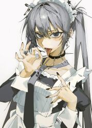 Rule 34 | 1girl, 6kal a, apron, black dress, black nails, collar, dress, ear piercing, earrings, eyelashes, grey eyes, grey hair, grey necktie, hair between eyes, highres, jewelry, juliet sleeves, long hair, long sleeves, looking at viewer, maid, maid headdress, nail polish, necktie, ok sign, original, piercing, puffy sleeves, ring, safety pin, sidelocks, simple background, solo, spiked collar, spikes, star (symbol), tongue, tongue out, twintails, upper body, white apron