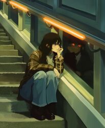 Rule 34 | 2girls, :t, arm support, black footwear, black hair, blue pants, blush, boots, brown jacket, chainsaw man, closed mouth, commentary, denim, different reflection, english commentary, full body, glowing, glowing eyes, grin, head rest, highres, jacket, jeans, knees up, legs together, light, long hair, long sleeves, looking at another, mitaka asa, ms tsukii, multiple girls, night, on stairs, orange eyes, outdoors, pants, plaid, plaid jacket, purple eyes, railing, red eyes, reflection, ringed eyes, scar, scar on face, shoes, sitting, sitting on stairs, smile, stairs, yoru (chainsaw man)