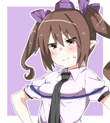 Rule 34 | &gt;:(, 1girl, 3:, 3:&lt;, blush, bow, breast lift, breasts, brown eyes, brown hair, collared shirt, frown, hair bow, hair ribbon, hat, highres, himekaidou hatate, kz oji, long hair, matching hair/eyes, necktie, pointy ears, rei no himo, ribbon, shirt, small breasts, solo, tokin hat, touhou, twintails, upper body, v-shaped eyebrows, wavy mouth