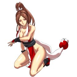 Rule 34 | 1girl, breasts, brown hair, cleavage, covering privates, covering breasts, fatal fury, female focus, full body, iwamoto eiri, ponytail, shiranui mai, simple background, solo, squatting, white background