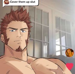 Rule 34 | 1boy, brown hair, closed mouth, commentary request, cover them up slut (meme), cross scar, dialogue box, facial hair, fate/grand order, fate (series), goatee, grey eyes, heart, indoors, large pectorals, loboke, long sideburns, looking at viewer, male focus, meme, muscular, muscular male, napoleon bonaparte (fate), pectorals, scar, scar on chest, short hair, sideburns, solo, spiked hair, topless male