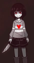 Rule 34 | &gt;:), androgynous, artist name, asymmetrical clothes, bad id, bad pixiv id, blunt bangs, boots, chara (undertale), dark persona, evil smile, frisk (undertale), gender request, gias-ex-machella, heart, holding, holding weapon, kitchen knife, knee boots, knife, long sleeves, pantyhose, red eyes, shirt, shorts, smile, spoilers, spot color, standing, striped clothes, striped shirt, striped sweater, sweater, undertale, v-shaped eyebrows, weapon
