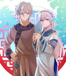 Rule 34 | 1boy, 1girl, alternate costume, anastasia (fate), bag, bags under eyes, blue eyes, changpao, chinese clothes, closed mouth, cowboy shot, dress, ear piercing, earrings, fate/grand order, fate (series), floral print, flower, gold hairband, gold trim, grey hair, hair between eyes, hair flower, hair ornament, hairband, hand fan, hands up, highres, holding, holding fan, jewelry, kadoc zemlupus, lattice, layered sleeves, leaf, long hair, long sleeves, looking at viewer, neck piercing, necktie, piercing, round window, short hair, side-by-side, tassel, tsengyun, tuanshan, white dress, white hair, white necktie, wide sleeves, window, wing hair ornament, yellow eyes