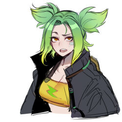 Rule 34 | 1girl, bandaid, bandaid on cheek, bandaid on face, black jacket, breasts, cleavage, collarbone, crop top, cropped torso, green hair, highres, jacket, large breasts, league of legends, multicolored hair, open clothes, open jacket, orange tank top, parted bangs, ratatatat74, solo, sweatdrop, tank top, teeth, two-tone hair, upper teeth only, zeri (league of legends)