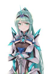 Rule 34 | 1girl, breasts, chest jewel, earrings, gloves, green eyes, green hair, highres, jewelry, large breasts, long hair, pneuma (xenoblade), ponytail, sarasadou dan, simple background, smile, solo, spoilers, swept bangs, sword, tiara, upper body, very long hair, weapon, white background, xenoblade chronicles (series), xenoblade chronicles 2