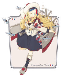 Rule 34 | 1girl, aircraft, airplane, arm behind head, beret, black skirt, black socks, blonde hair, blue eyes, blue hair, character name, commandant teste (kancolle), enu (roco roco44), french flag, full body, grey footwear, hat, jacket, kantai collection, kneehighs, long hair, long sleeves, machinery, multicolored hair, one eye closed, open mouth, plaid, red hair, seaplane, skirt, socks, solo, standing, standing on one leg, streaked hair, very long hair, white hair, white hat, white jacket