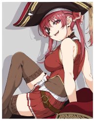 Rule 34 | 1girl, absurdres, bare shoulders, breasts, crossed legs, eyepatch, hair ribbon, hat, highres, hololive, houshou marine, large breasts, leotard, leotard under clothes, open mouth, oshimaidebu, pirate, pirate hat, red eyes, red hair, ribbon, see-through, see-through leotard, sideboob, sitting, solo, thighhighs, twintails, virtual youtuber