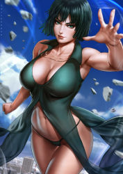 Rule 34 | 1girl, adapted costume, armpits, artist name, blue sky, breasts, building, cleavage, clenched hand, closed mouth, cloud, dandon fuga, day, debris, dress, floating, floating clothes, fubuki (one-punch man), green dress, green eyes, green hair, highres, jewelry, large breasts, looking at viewer, navel, necklace, one-punch man, outstretched hand, panties, pinup (style), realistic, see-through, short hair, siblings, sisters, sky, skyline, smile, stomach, telekinesis, thighs, underwear