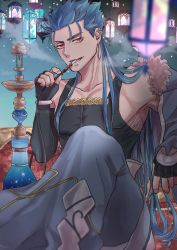 Rule 34 | 1boy, absurdres, blue hair, bracelet, capelet, collarbone, cu chulainn (fate), cu chulainn (caster) (fate), earrings, elbow gloves, fate/grand order, fate (series), fingerless gloves, gloves, hanging light, highres, hookah, jewelry, lamp, cu chulainn (fate/stay night), long hair, looking at viewer, male focus, multiple piercings, muscular, muscular male, norinobu, open mouth, pectorals, red eyes, skin tight, smile, smoke, solo, spiked hair, tank top
