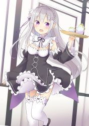 Rule 34 | 10s, 1girl, :d, alternate costume, apron, blush, breasts, butterfly hair ornament, cleavage, collar, cosplay, cup, detached collar, detached sleeves, dutch angle, emilia (re:zero), enmaided, floating hair, flower, frilled apron, frilled collar, frilled sleeves, frills, garter straps, hair flower, hair ornament, hair ribbon, holding, holding tray, indoors, leg up, long hair, looking at viewer, maid, open mouth, purple eyes, purple ribbon, re:zero kara hajimeru isekai seikatsu, rem (re:zero), rem (re:zero) (cosplay), ribbon, silver hair, small breasts, smile, solo, standing, standing on one leg, teacup, teapot, teeth, thighhighs, tray, waist apron, white flower, white thighhighs, yoshikita popuri