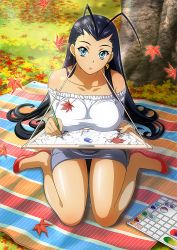 Rule 34 | 1girl, antenna hair, aqua eyes, autumn leaves, black hair, breasts, day, earrings, feet, full body, highres, ikkitousen, jewelry, kakouen myousai, large breasts, legs, long hair, looking at viewer, miniskirt, no shoes, official art, outdoors, pencil, pencil skirt, sitting, skirt, socks, solo, sweater, very long hair, white sweater