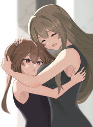 Rule 34 | 2girls, armpits, black tank top, blonde hair, breast envy, breast press, breasts, brown hair, casual, closed eyes, duel monster, exosister irene, exosister sophia, grey tank top, hands on another&#039;s head, heichi, height difference, highres, hug, large breasts, long hair, multiple girls, pout, purple eyes, smile, tank top, twintails, yu-gi-oh!