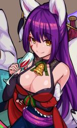 Rule 34 | 10s, 1boy, 1girl, alcohol, animal ears, bottle, breasts, christmas, cleavage, cup, daji (monster strike), drinking glass, fox ears, hei niao, high heels, kitsune, large breasts, monster strike, purple hair, red footwear, smile, solo focus, table, tagme, tail, thighhighs, wine, wine bottle, wine glass, yellow eyes