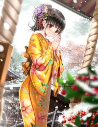 Rule 34 | 1girl, berry, black hair, blurry, blurry foreground, blush, brown eyes, closed mouth, cloud, cloudy sky, commentary request, depth of field, dutch angle, floral print, flower, hair flower, hair ornament, highres, japanese clothes, kimono, long sleeves, looking at viewer, original, outdoors, own hands together, praying, print kimono, purple flower, shrine, sidelocks, sky, smile, snow, snowing, solo, swordsouls, tree, white flower, wide sleeves, yellow kimono