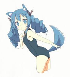 Rule 34 | 1girl, :&lt;, animal ears, bad hands, bad id, bad pixiv id, blue eyes, blue hair, cat ears, cat tail, cropped legs, dog ears, dog tail, drill hair, fictional persona, flat chest, innertube, keeeesuke, leaning forward, long hair, matching hair/eyes, one-piece swimsuit, original, school swimsuit, self-portrait, solo, swim ring, swimsuit, tail, twintails
