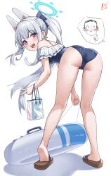 Rule 34 | 1boy, 1girl, absurdres, animal ears, ass, bent over, black one-piece swimsuit, blue archive, blue halo, blush, breasts, doodle sensei (blue archive), fake animal ears, feet, frilled one-piece swimsuit, frills, full body, grey hair, halo, heel up, highres, kneepits, long hair, looking at viewer, miyako (blue archive), miyako (swimsuit) (blue archive), off-shoulder one-piece swimsuit, off shoulder, official alternate costume, one-piece swimsuit, open mouth, ponytail, purple eyes, rabbit ears, sandals, sensei (blue archive), simple background, small breasts, smile, soles, swimsuit, white background, yj (yojo san)