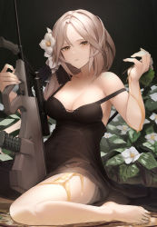 Rule 34 | 1girl, absurdres, assault rifle, aug (girls&#039; frontline), bad id, bad twitter id, black dress, breasts, brown eyes, brown hair, bullpup, cleavage, covered navel, dress, flower, flower request, girls&#039; frontline, gun, hair flower, hair ornament, highres, jaaku (ra 9rara), lace, lace-trimmed ribbon, lace trim, long dress, long hair, medium breasts, ponytail, ribbon, rifle, scope, sitting, solo, steyr aug, strap slip, wariza, weapon