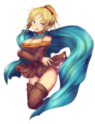 Rule 34 | 1girl, blonde hair, blue eyes, breasts, brown thighhighs, cape, cleavage, crossed arms, final fantasy, final fantasy tactics, kara (color), open mouth, panties, pantyshot, ponytail, purple panties, short hair, simple background, solo, thighhighs, underwear, valmafra lenande, white background, wind, wind lift