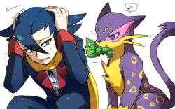 Rule 34 | 10s, blue eyes, blue hair, cowering, creatures (company), elite four, game freak, gen 5 pokemon, gift, grimsley (pokemon), hands on own head, liepard, lowres, nintendo, pokemon, pokemon (creature), pokemon bw, scared, scarf, sewaddle, shaking, short hair, simple background, squatting, sweat, tears, translation request, u7b19uff6a