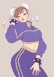 Rule 34 | 1girl, absurdres, bracelet, breasts, brown background, brown eyes, brown hair, bun cover, capcom, chun-li, contrapposto, cropped jacket, double bun, eyelashes, finger to mouth, grey lips, hair bun, highres, jewelry, large breasts, lips, midriff, pants, signature, skullchimes, smile, solo, spiked bracelet, spikes, street fighter, track pants