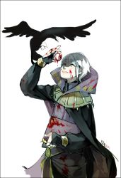Rule 34 | 1boy, :d, ^ ^, animal, bird, blood, blood on clothes, blood on face, blood on hands, book, border, bridal gauntlets, cape, closed eyes, crow, eyeball, fire emblem, fire emblem awakening, flying, gloves, happy, henry (fire emblem), holding, long sleeves, looking up, male focus, nintendo, open mouth, puffy sleeves, red eyes, reka, shaded face, shadow, signature, simple background, smile, solo, striped, swept bangs, teeth, white background, white hair, wizard