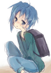 Rule 34 | 10s, 1boy, androgynous, backpack, bag, bandaid, blue eyes, blue hair, blush, cardfight!! vanguard, character request, male focus, matching hair/eyes, nakamura sandayo, randoseru, sendou aichi, simple background, solo, tears, tms entertainment, v arms, white background