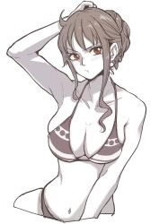 Rule 34 | 1girl, aosora2823, arm up, armpits, asymmetrical hair, bikini, blush, breasts, cleavage, closed mouth, collarbone, commentary, cowboy shot, cropped legs, earrings, greyscale, hair bun, halterneck, hand on own head, highres, jewelry, large breasts, looking at viewer, medium hair, monochrome, nami (one piece), navel, one piece, pout, red eyes, scowl, sidelocks, simple background, solo, spot color, stomach, swimsuit, v-shaped eyebrows, white background