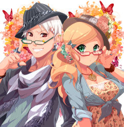 Rule 34 | 1boy, 1girl, axis powers hetalia, bespectacled, blonde hair, earrings, fashion, fedora, fingernails, floral print, flower, glasses, green eyes, hair ornament, hat, highres, hungary (hetalia), jewelry, keiko rin, prussia (hetalia), red eyes, revision, ring, scrunchie, sleeves rolled up, white hair, wristband