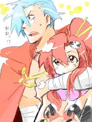 00s 1boy 1girl bandages blue_hair couple hetero hug hug_from_behind kamina_(ttgl) red_hair rikko rikko_(peso) sweatdrop tegaki tengen_toppa_gurren_lagann yoko_littner