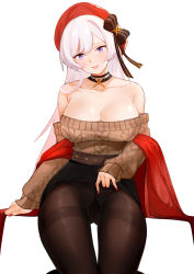 Rule 34 | 1girl, absurdres, aran sweater, azur lane, bare shoulders, belfast (azur lane), belfast (shopping with the head maid) (azur lane), beret, black bow, black choker, black pantyhose, black skirt, bow, breasts, brown sweater, cable knit, choker, cl (summer sama), cleavage, collarbone, commentary, cowboy shot, hat, hat bow, head tilt, highres, large breasts, long hair, long sleeves, looking at viewer, miniskirt, nail polish, off-shoulder sweater, off shoulder, official alternate costume, pantyhose, parted lips, pencil skirt, purple eyes, red hat, red nails, shawl, silver hair, simple background, skirt, smile, solo, sweater, thighband pantyhose, thighs, very long hair, white background