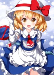 Rule 34 | 1girl, :d, apron, ascot, blonde hair, blue dress, bow, cowboy shot, dress, elbow gloves, frilled dress, frills, gloves, grey background, hand on headwear, hat, hat bow, highres, kana anaberal, looking at viewer, open mouth, orange eyes, puffy short sleeves, puffy sleeves, red ascot, red bow, road sign, ruu (tksymkw), short hair, short sleeves, sign, smile, solo, standing, touhou, touhou (pc-98), waist apron, white apron, white gloves, white hat