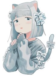 Rule 34 | 1girl, :3, animal ears, blunt bangs, blush, bob cut, bow, cat ears, cat tail, closed mouth, eyeshadow, grey bow, grey eyes, hair bow, highres, looking at viewer, makeup, nagomurasan, original, short hair, signature, simple background, sleeves past wrists, solo, tail, tail bow, tail ornament, upper body, white background