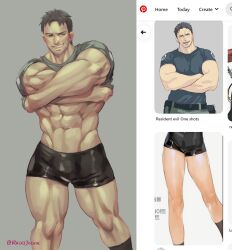 Rule 34 | 1boy, absurdres, bara, black hair, black shorts, bulge, chris redfield, clothes lift, facial hair, grey shirt, highres, large pectorals, latex underwear, male focus, muscular, muscular male, pectorals, pinterest, reddjackal, reference inset, resident evil, resident evil 5, shirt, shirt lift, short hair, shorts, smile, solo, thick thighs, thighs, twitter username, undressing