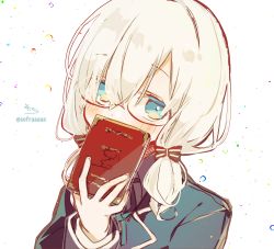 Rule 34 | 1girl, alternate costume, ars almal, black-framed eyewear, black bow, blue eyes, blue jacket, blue ribbon, blush, book, bow, collared shirt, covered mouth, eyes visible through hair, glasses, hair bow, hair over one eye, hair over shoulder, hand up, highres, holding, holding book, jacket, long hair, long sleeves, looking at viewer, low twintails, neck ribbon, nijisanji, ribbon, shirt, signature, simple background, sofra, solo, striped, striped bow, twintails, twitter username, upper body, virtual youtuber, white background, white hair, white shirt