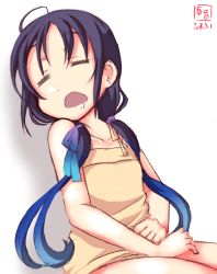 Rule 34 | 1girl, artist logo, bare shoulders, blue hair, casual, dated, dress, drooling, closed eyes, hair between eyes, highres, kanon (kurogane knights), kantai collection, long hair, low twintails, nose bubble, open mouth, ribbon, saliva, simple background, sleeping, solo, spaghetti strap, suzukaze (kancolle), twintails, white background