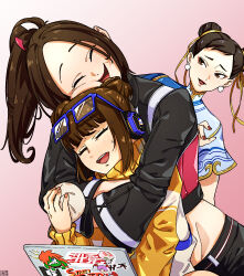 3girls black_hair black_jacket breasts brown_eyes brown_hair capcom chun-li crossover dapenpan double_bun eyewear_on_head fatal_fury fatal_fury:_city_of_the_wolves guest_character guest_fighter hair_bun high_ponytail highres hug hug_from_behind jacket li-fen long_hair multiple_girls official_alternate_costume ponytail shiranui_mai street_fighter street_fighter_6