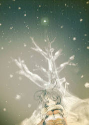 Rule 34 | 1girl, alternate hair color, antennae, bad id, bad pixiv id, bare tree, buckle, covering face, covering own mouth, covering privates, female focus, from below, gloves, grey hair, k no hito, night, scarf, short hair, sitting, snow, snowing, solo, touhou, tree, winter, winter clothes, wriggle nightbug