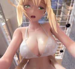 Rule 34 | 1boy, 1girl, 3d, blonde hair, breasts, cleavage, cowgirl position, girl on top, glasses, green eyes, implied sex, large breasts, looking at viewer, mm-star, navel, pov, straddling, swimsuit, tearju lunatique, to love-ru, to love-ru darkness