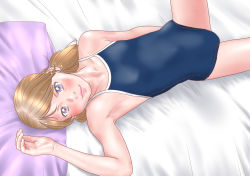 Rule 34 | 1girl, bed, blonde hair, blue eyes, blue one-piece swimsuit, blush, breasts, flat chest, highres, idol, ieame-sama, looking at viewer, lying, model, on back, on bed, one-piece swimsuit, small breasts, solo, swimsuit, tagme