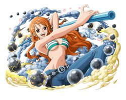 Rule 34 | 1girl, :d, belt, bikini, bikini top only, blue pants, bodskih, breasts, brown eyes, brown hair, cleavage, earrings, floating hair, from below, green bikini, groin, holding, holding staff, jewelry, large breasts, long hair, midriff, nami (one piece), navel, one piece, one piece treasure cruise, open mouth, pants, shiny skin, sideboob, smile, solo, staff, stomach, striped bikini, striped bikini top, striped clothes, swimsuit, transparent background, underboob, very long hair