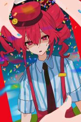 Rule 34 | 2girls, black necktie, bright pupils, collared shirt, commentary, confetti, drill hair, gloves, hat, hatsune miku, highres, kasane teto, mayo (cocoacat19), mesmerizer (vocaloid), multiple girls, necktie, open mouth, out of frame, pants, red hair, red hat, red pants, shirt, short sleeves, solo focus, striped clothes, striped shirt, suspenders, sweat, twin drills, utau, vertical-striped clothes, vertical-striped shirt, vocaloid, white pupils, white shirt, yellow gloves