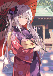 Rule 34 | 1girl, blurry, blurry background, blush, commentary request, floral print, flower, grey hair, hair between eyes, hair flower, hair ornament, highres, holding, holding umbrella, japanese clothes, kimono, long hair, looking at viewer, new year, obi, oil-paper umbrella, original, outdoors, ponytail, purple kimono, rasahan, red eyes, red kimono, revision, sash, solo, umbrella, wide sleeves