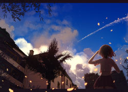 Rule 34 | 1girl, blouse, byakuya reki, cloud, contrail, highres, letterboxed, md5 mismatch, original, outdoors, resolution mismatch, scenery, shirt, short hair, sky, smoke trail, solo, source smaller, tree, white shirt