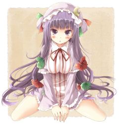 Rule 34 | 1girl, :o, blush, bow, breasts, character name, crescent, female focus, hair bow, hat, large breasts, long hair, looking at viewer, patchouli knowledge, purple eyes, purple hair, sitting, solo, striped, touhou, utsurogi angu, vertical stripes, wariza, white background
