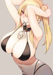 Rule 34 | 1girl, ahoge, armpits, arms up, bare shoulders, bikini, black bikini, blonde hair, blush, borrowed character, breasts, cleavage, grin, hair between eyes, haruichi (komikal), huge breasts, jewelry, leather choker, long hair, looking at viewer, mouth hold, multi-strapped bikini, navel, necklace, original, saaya (kirome), skull necklace, smile, solo, swimsuit, twintails