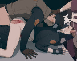 Rule 34 | 3boys, anal, ass, black hair, bluesy, blush, closed eyes, crying, crying with eyes open, doggystyle, dual persona, erection, fellatio, fingerless gloves, forehead protector, gloves, grey hair, group sex, hatake kakashi, highres, male focus, male penetrated, male pubic hair, mmm threesome, multiple boys, naruto (series), oral, partially undressed, penis, pubic hair, red eyes, scar, scar on face, sex, sex from behind, sharingan, spitroast, tears, testicles, threesome, uchiha obito, x-ray, yaoi